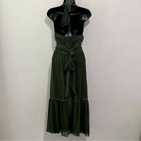 Y2K BCBG Maxaria Boho Green 100% Silk Chiffon Sequin Ruched Halter Dress 10 L - Picture 12 of 16